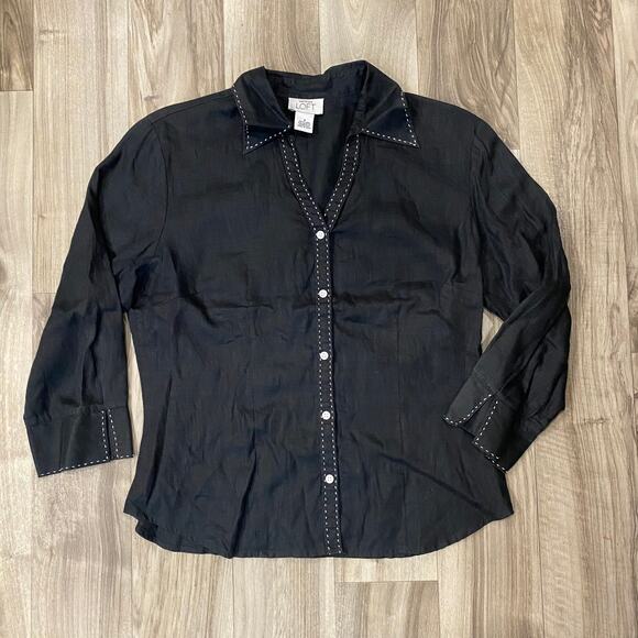 Ann Taylor LOFT 8 Black Linen Button Front Blouse with White Pick Stitch Edges - Picture 1 of 5